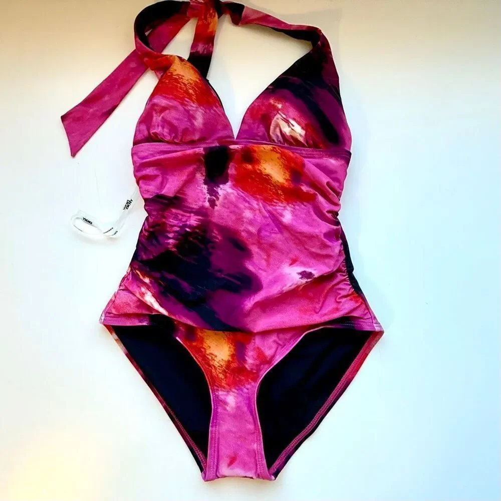NWT DKNY pink abstract “mirage” tie back swimsuit Size S - Picture 3 of 8
